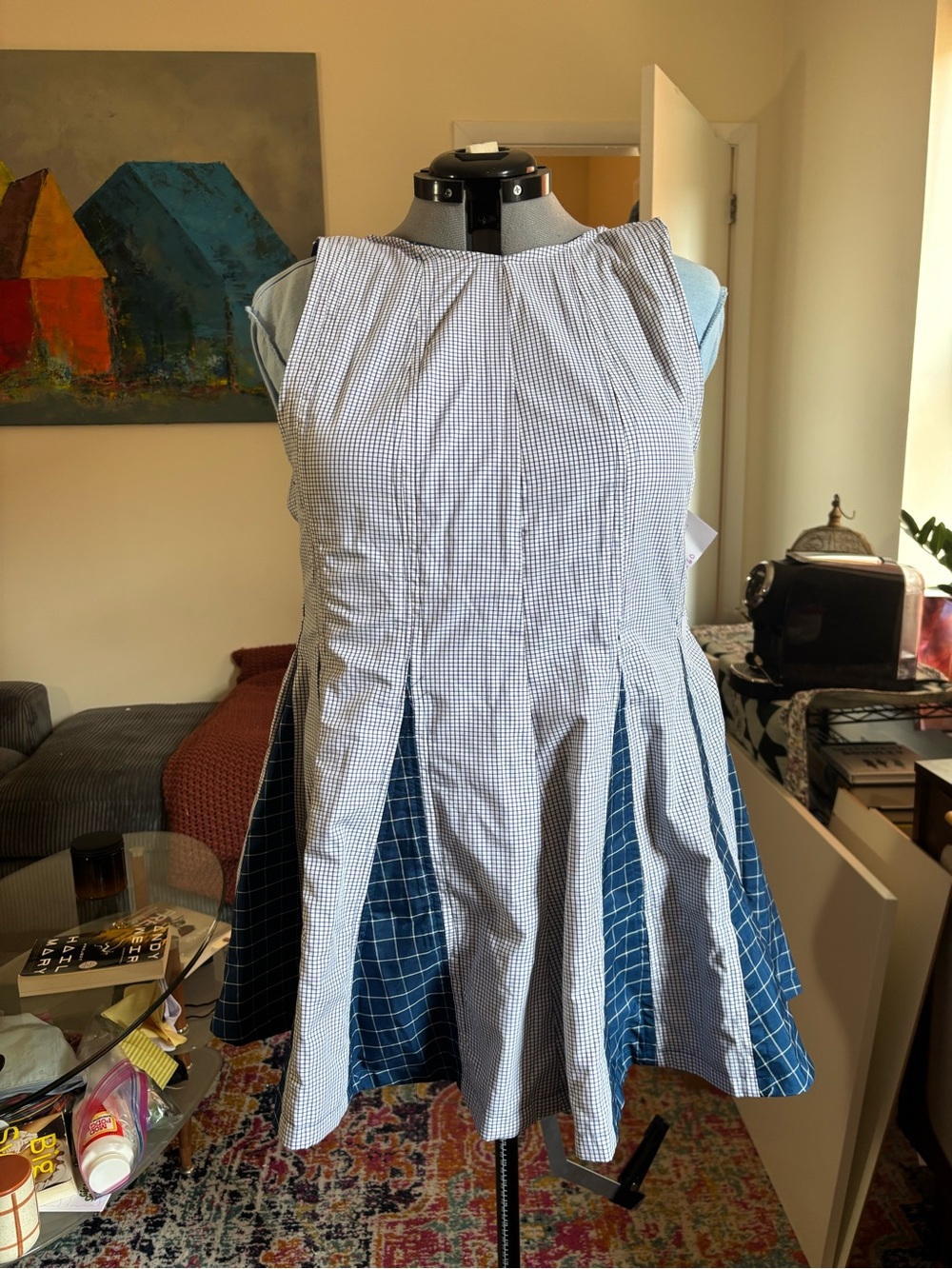 Hollyhock dress Blue Gingham & Navy Panel Summer Dress